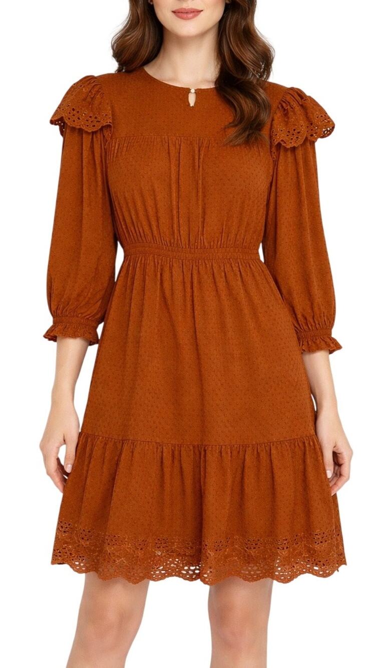 Universal Thread Dress Womens Medium Rust Orange Cotton Eyelet Mini‎ Cottagecore